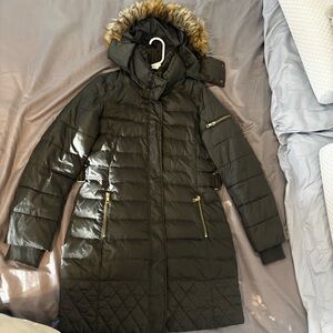 Sam Edelman Womens Sz M Winter Coat Down Puffer Green Gold Zipper Faux Fur Hood